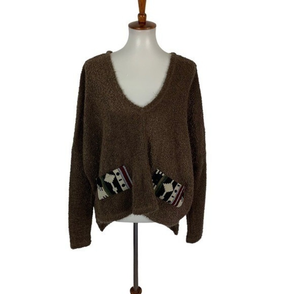 Altar'd State Cozy Boho Brown Fuzzy Knit Sweater Aztec Pockets V Neck Pullover S